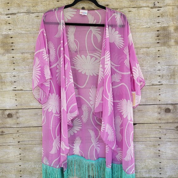 NWT Large LuLaRoe Fringed Monroe 'Kimono' - Light Purple Floral with Mint Fringe - Picture 1 of 7